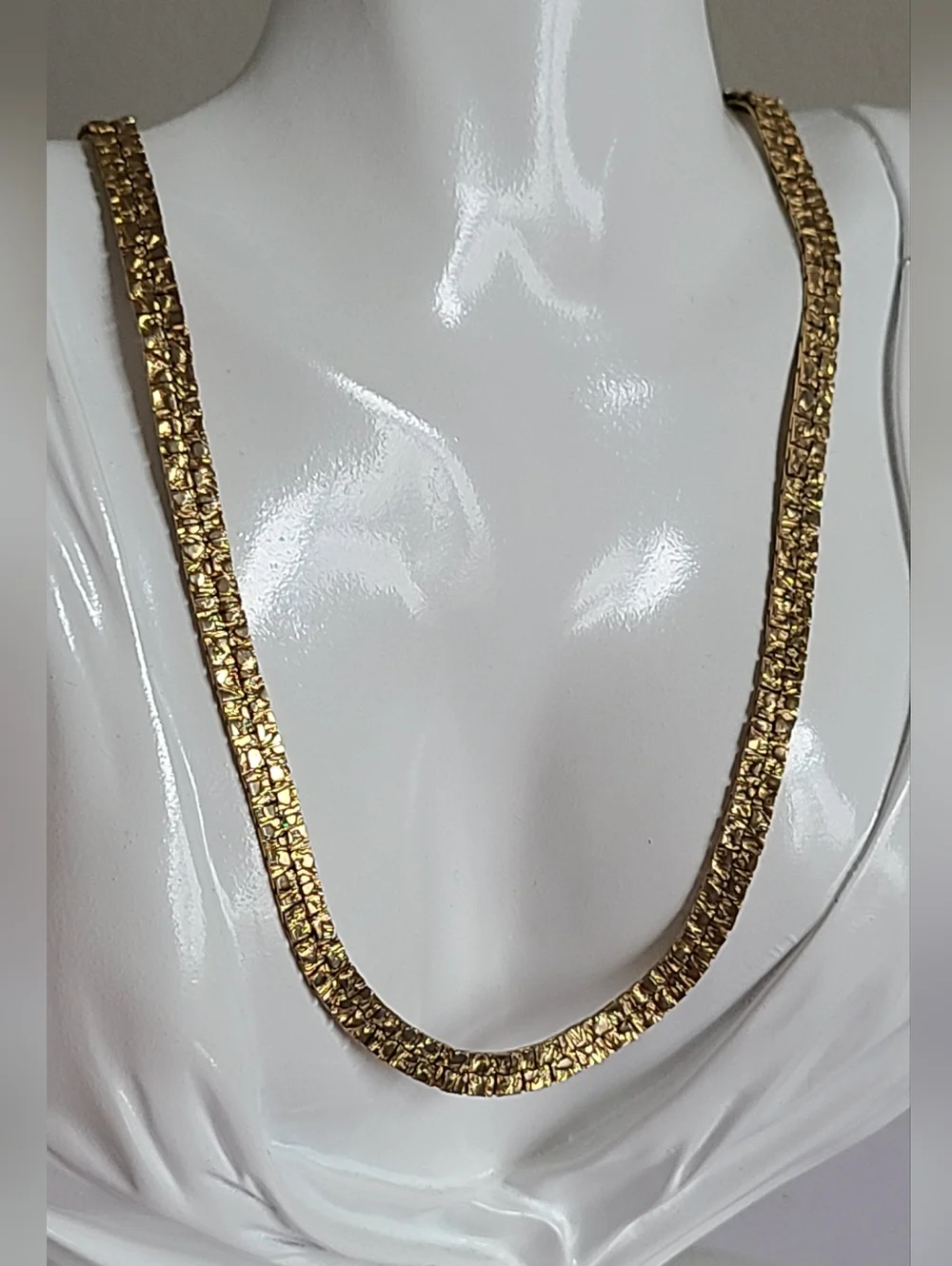 Vintage Retro Luxury Gold Plated Textured Flat 24 Inch Chain Necklace - Picture 3 of 14